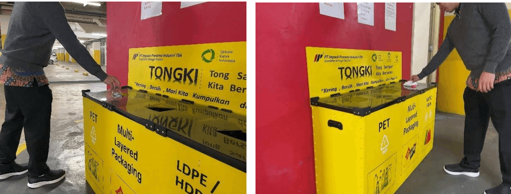 Karyawan secara bertanggung jawab membuang sampah plastik ke TONGKI di Altira Business Park.